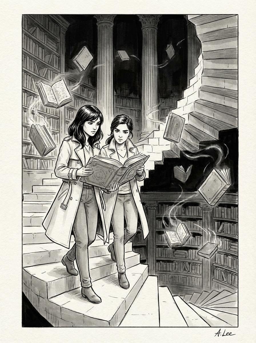 Desenho em preto e branco de duas personagens em uma biblioteca mágica com livros flutuando.