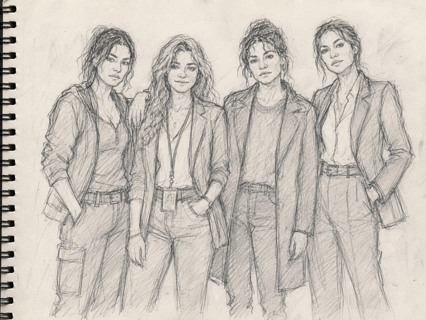 Esboço a lápis de quatro personagens de Claire Blanche juntas.